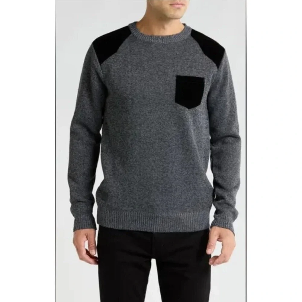 Buffalo David Bitton Mens Fleece Lined Sweater Gray Black Shoulder Patch Size M